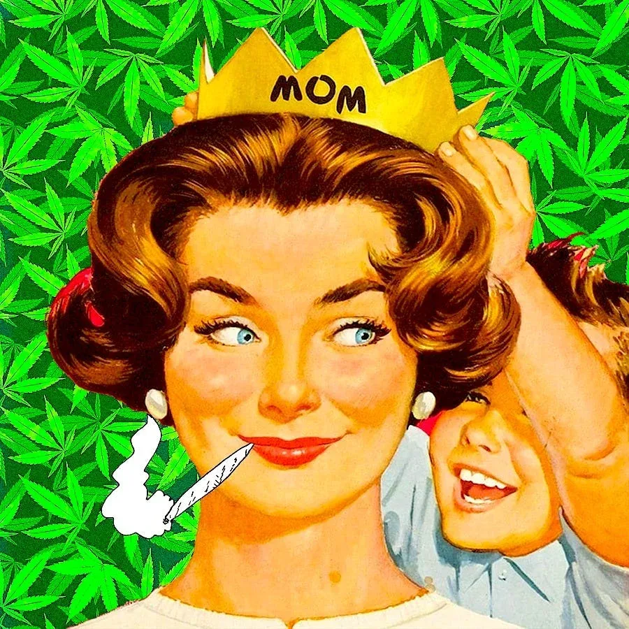 Retro illustrated woman with joint and cannabis background